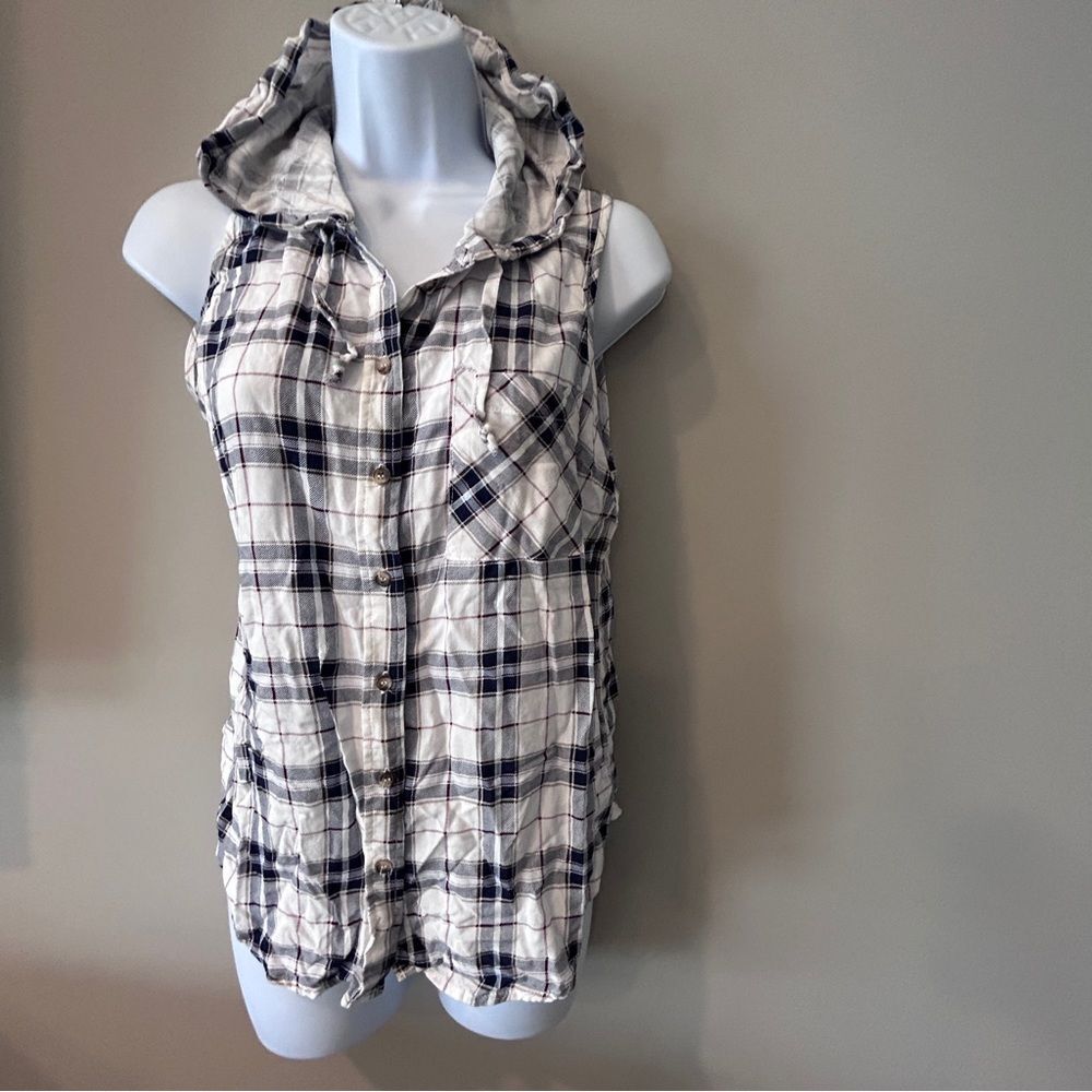 New Look Women's Plaid Sleeveless Button Up Hoodie Blouse Size Large